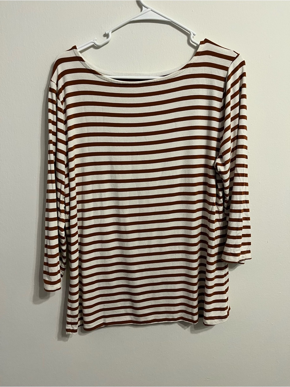 Striped Boatneck 3/4 sleeve Top - Cream & Brown